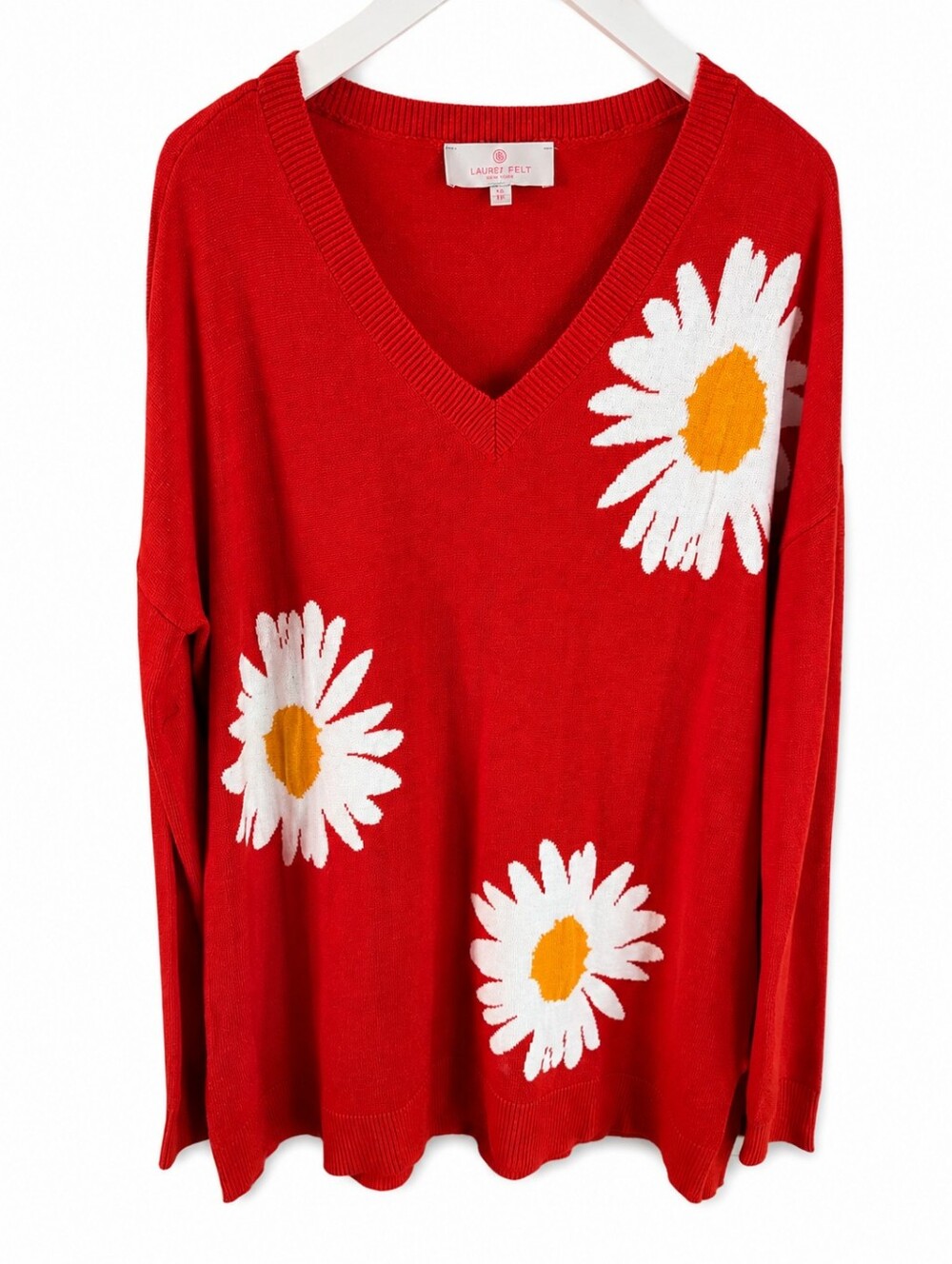 Laurie Felt Orange V Neck Sweater With White Daisy's Size Medium